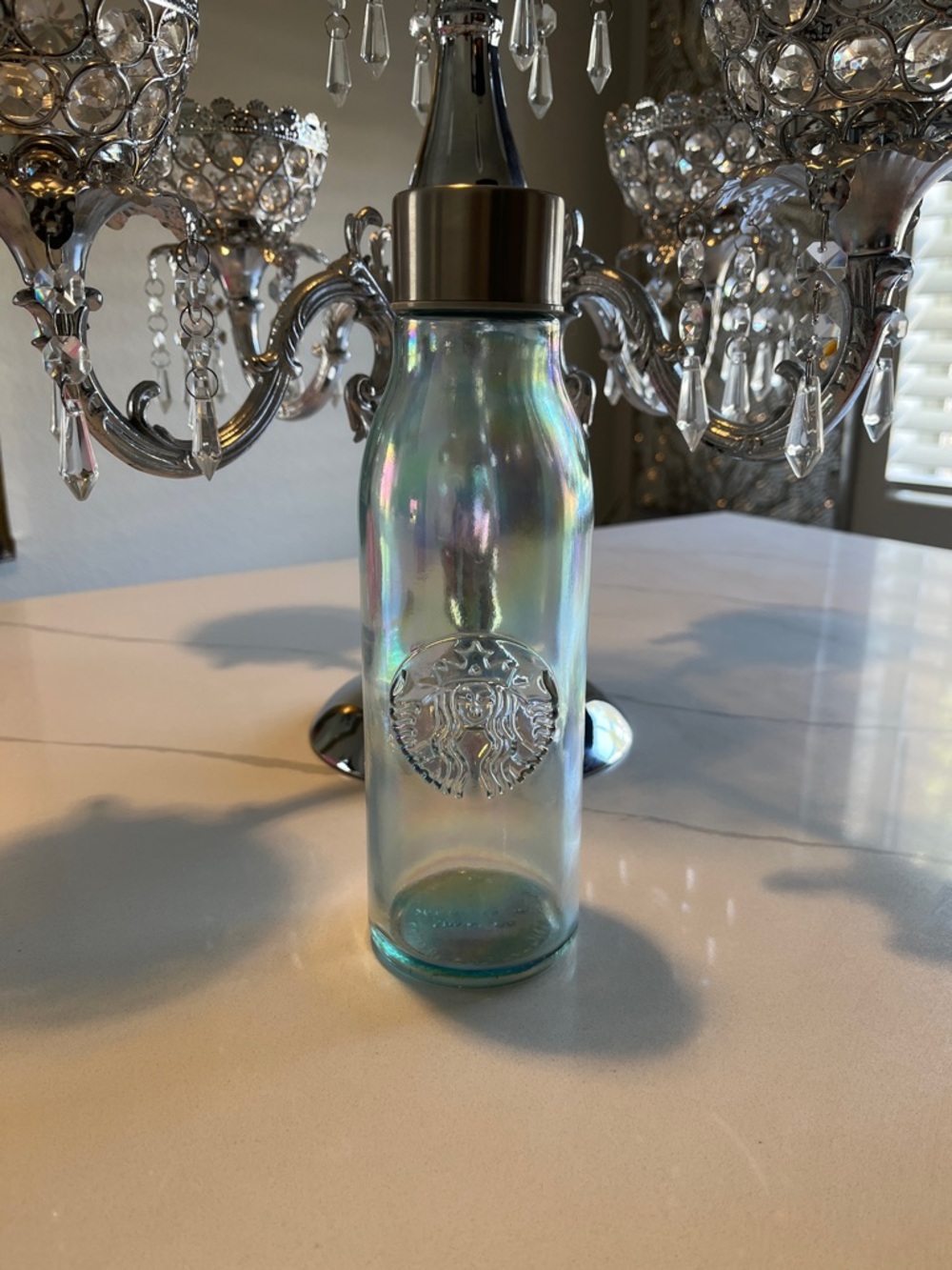 Starbucks Iridescent Aqua Glass Water Bottle with Silver Cap